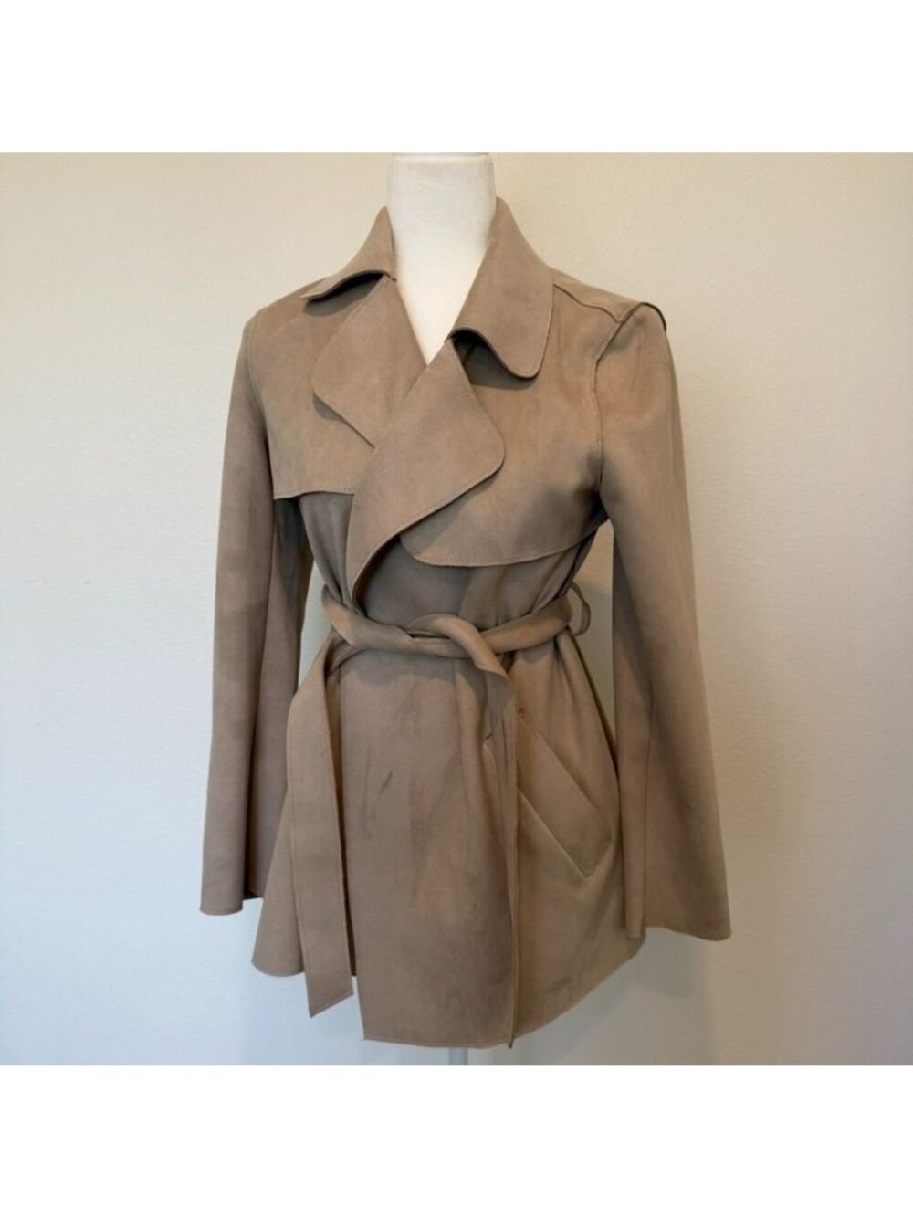 Tan Faux Suede Short Trench Coat Jacket Size 4